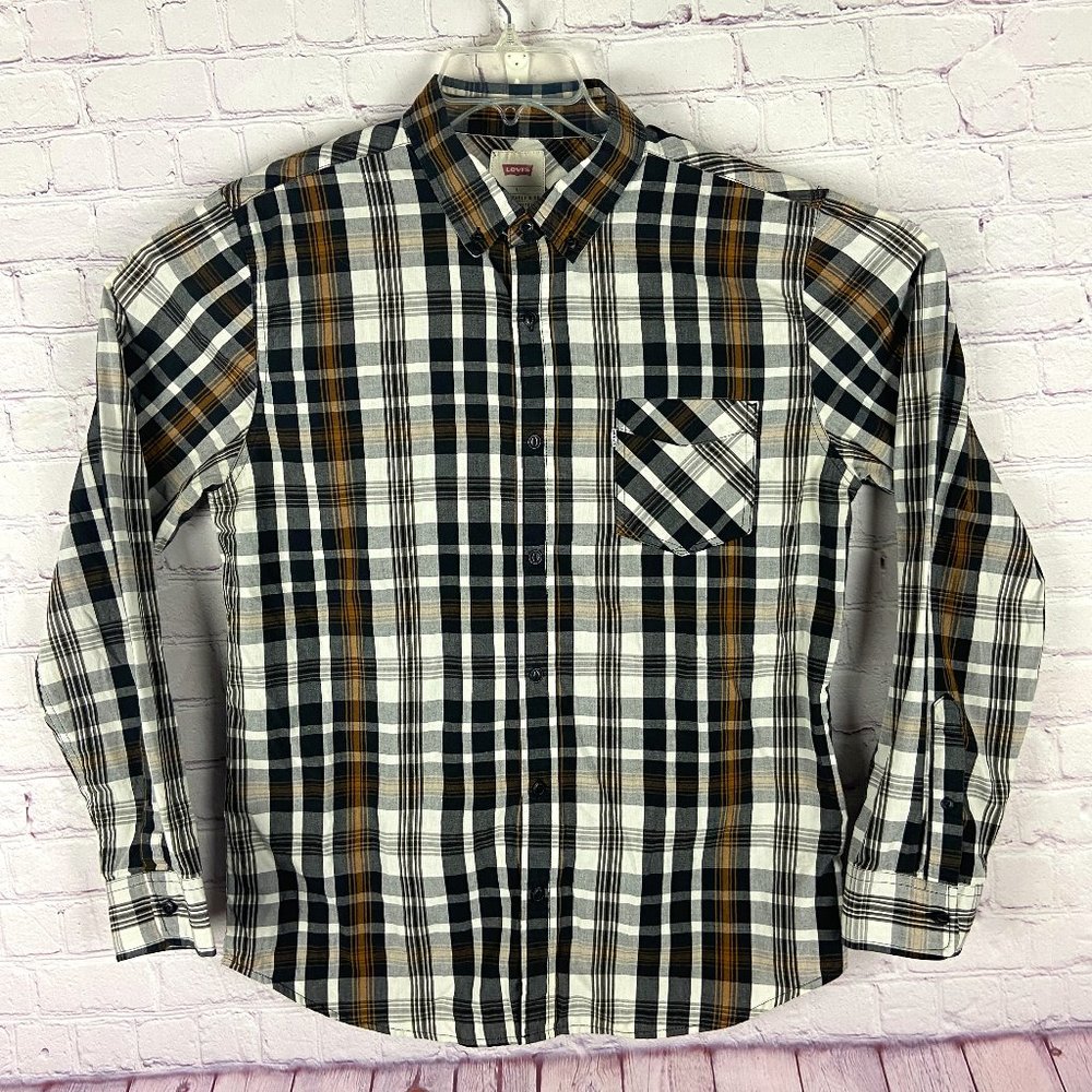 Levi's Mens Plaid Black, Brown, and White Button Down Long Sleeve Shirt. Size: L